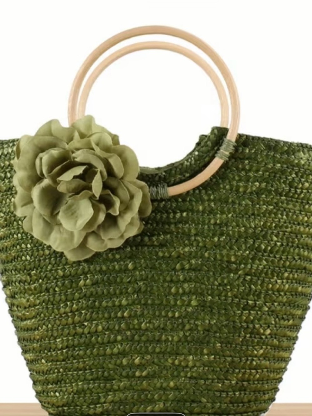 Olive Green Straw Tote with Flower Accent